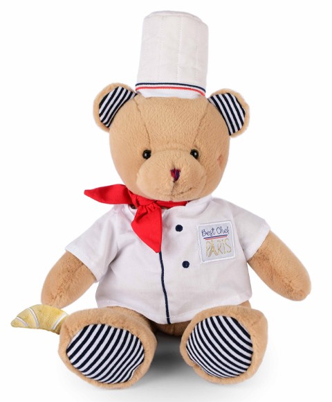 Peluche Ours Chef avec toque de Cuisinier- et croissant - 28 cm